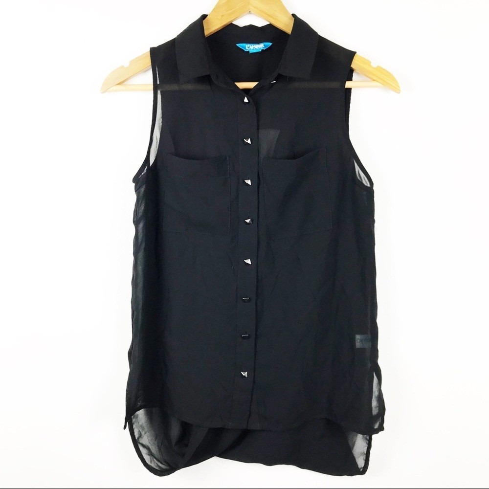 L'Amour Nanette Lepore Black Sheer Studded Sleeveless Blouse Top XS Women